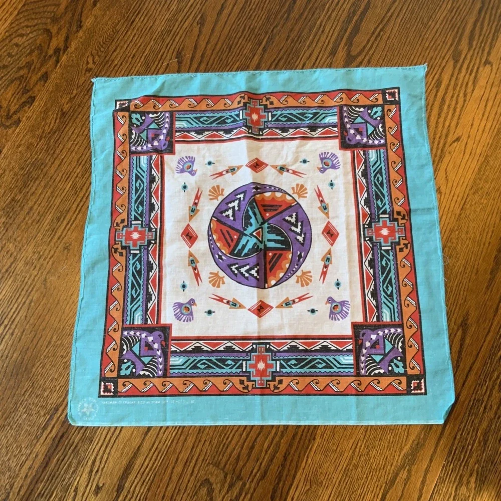 Vtg Wamcraft Bandana Southwest Aztec Teal Purple Black‎ Rare Print Made In USA